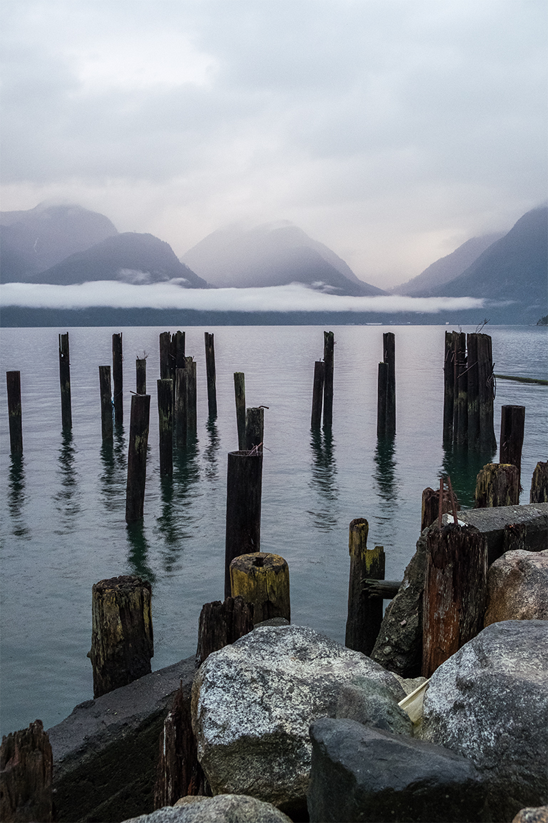 Mountains and Pilings, Howe Sound, Sea to Sky Highway, Britannia Beach, British Columbia, Canada