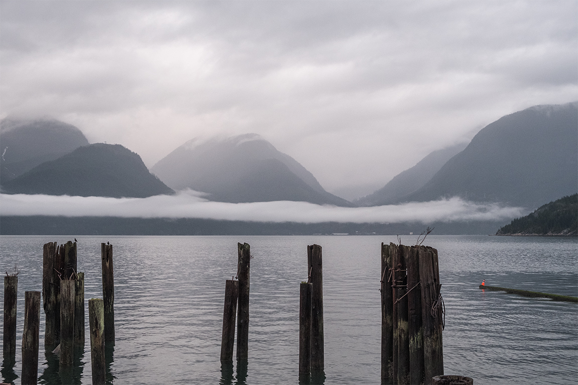 Decaying Pier and Orange Cone, Howe Sound, Sea to Sky Highway, British Columbia, Canada