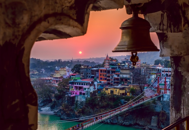 Bell on Trayambakeshwar Temple, Overlooking Laxman Jhula and Ganges River, Rishikesh, Uttarakhand, India