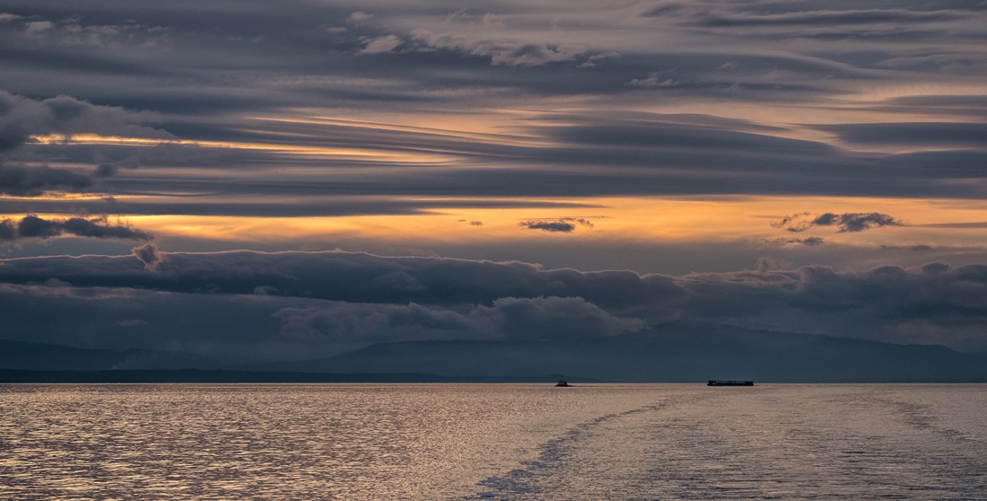 Tug and Barge at Sunset, The Strait of Georgia, BC Ferry, Nanaimo to Horseshoe Bay, British Columbia, Canada