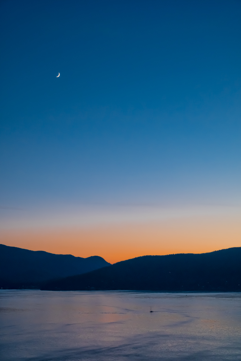 Crescent Moon and Sailboat, Bowen Island, Howe Sound, British Columbia, Canada