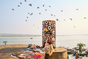 Jewelry Seller and Pigeons on the Ganga, Ganges River, Varanasi, Uttar Pradesh, India