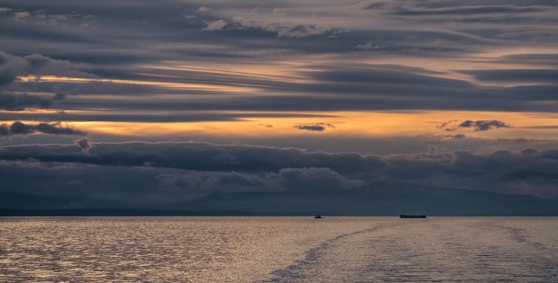 Tug and Barge at Sunset, Strait of Georgia, BC Ferries, Nanaimo to Horseshoe Bay, British Columbia, Canada