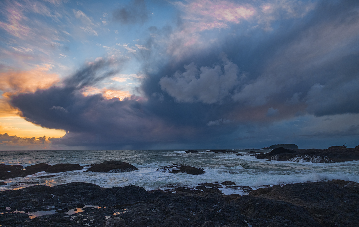 Vibrance in the Sky, Frank Island and Lennard Island Lighthouse, Chesterman Beach, Vancouver Island, British Columbia, Canada