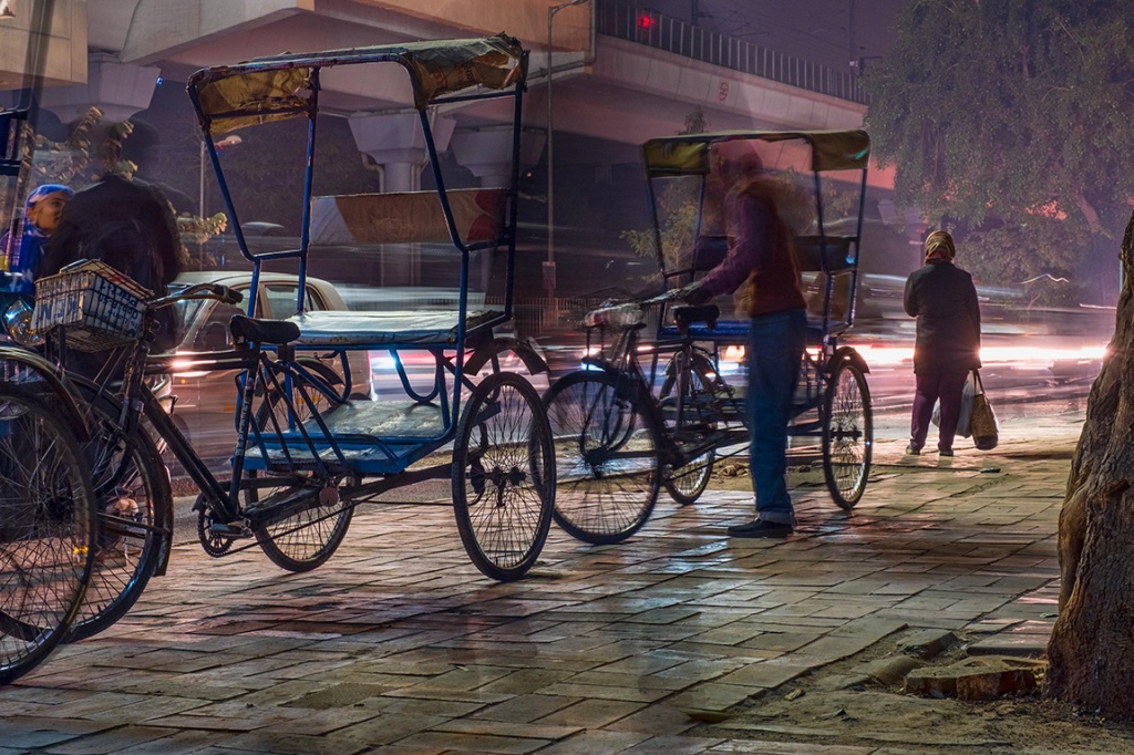 Stillness, Bicycle Rickshaw Line,, Lajpat Nagar Metro Station, New Delhi, India