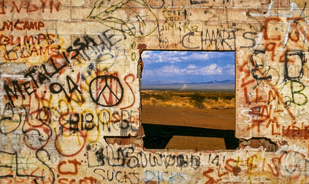 Wall of discord, Route 66, Mojave Desert, California, United States of America