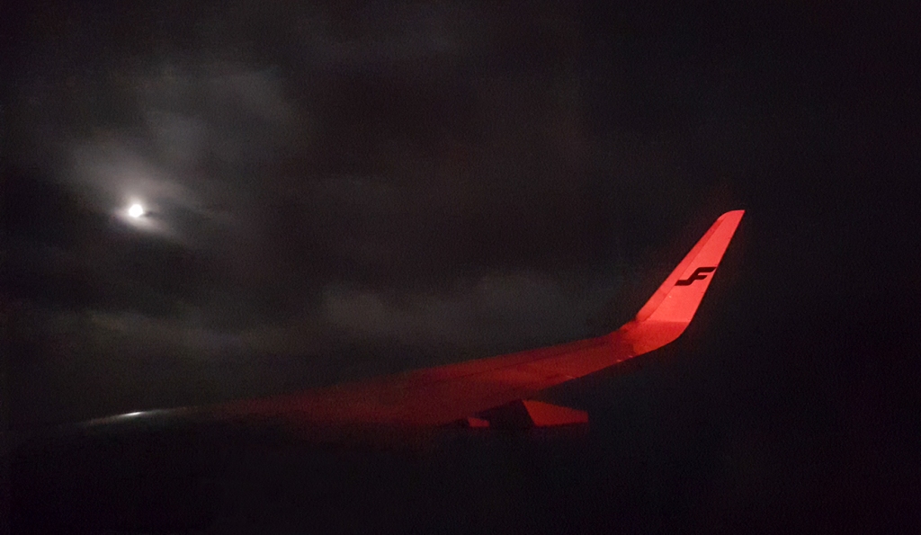 Red Wing Moon, Finnish Air, over the Mediterranean, East of Barcelona, Spain