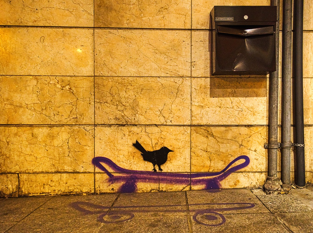 Skateboard and Crow Graffiti