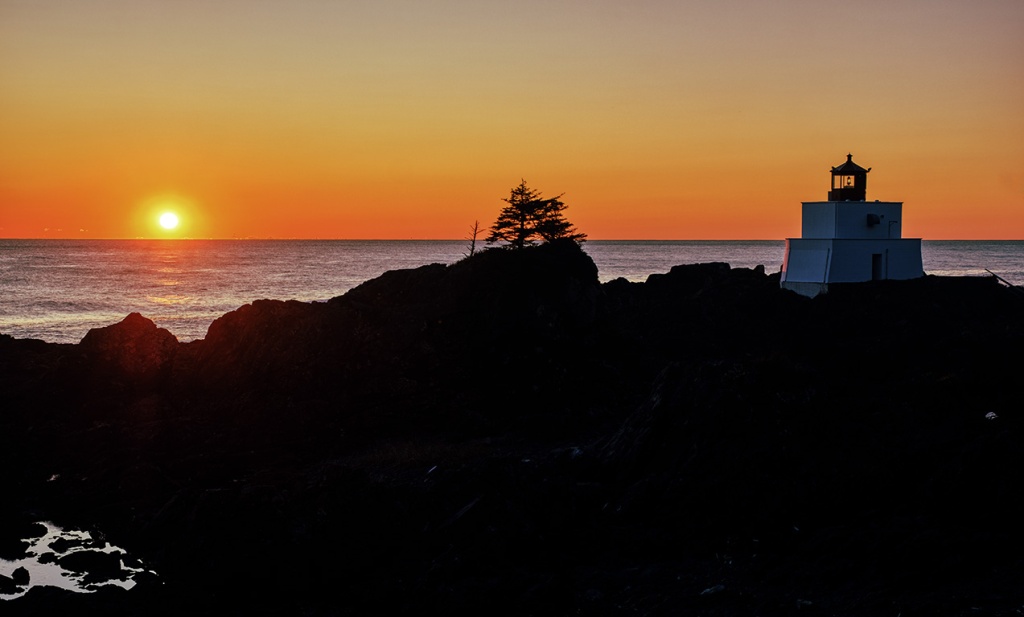 Amphitrite Point Lighthouse Sunset, Wild Pacific Trail, Ucluelet, Vancouver Island, British Columbia, Canada