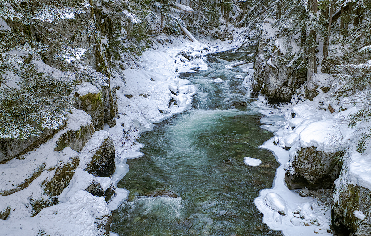 White Noise, Train Wreck Suspension Bridge, Cheakamus River, Whistler, BC, Canada