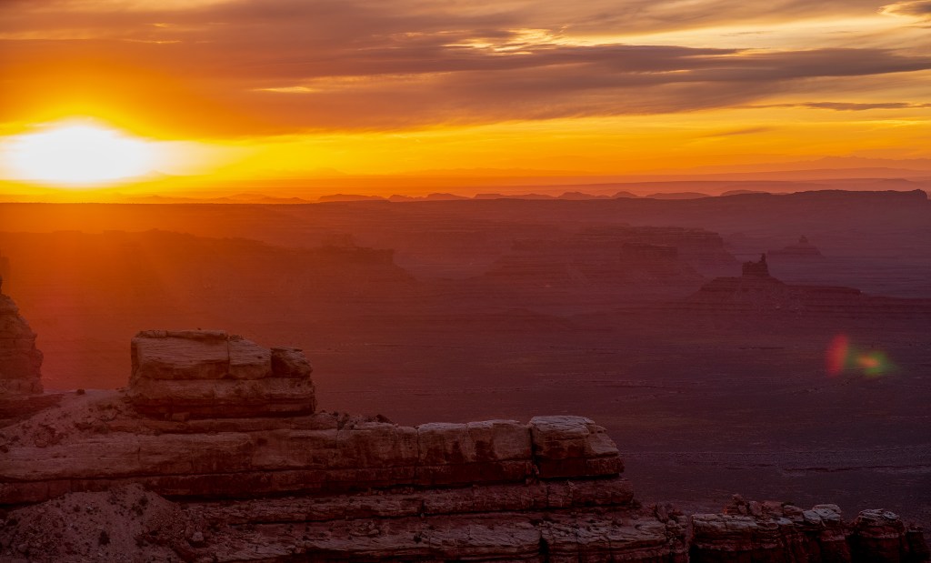 Golden Gods, Valley of the Gods Sunrise, From Moki Dugway, Utah, United Staes of America