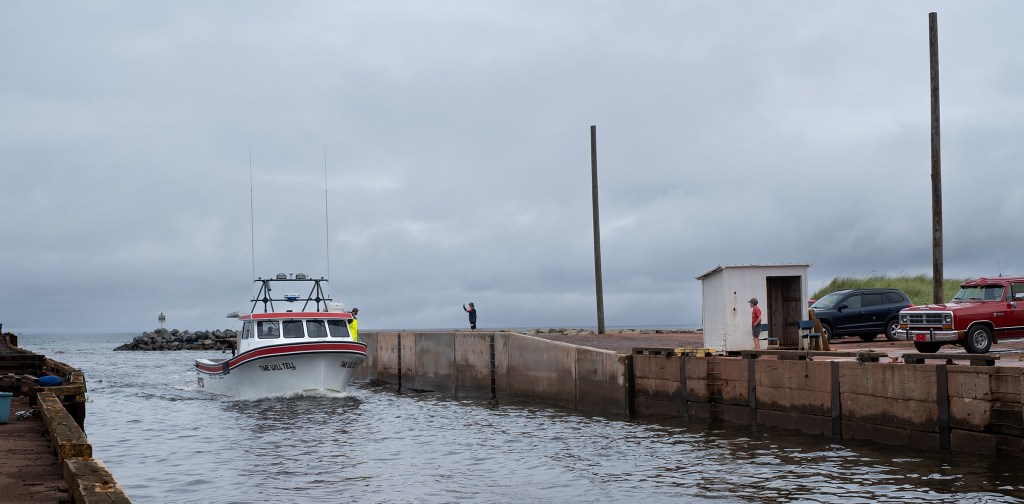 Two Sons, Lobster Boat Returns, Skinners Pond Harbour, Prince Edward Island, Canada