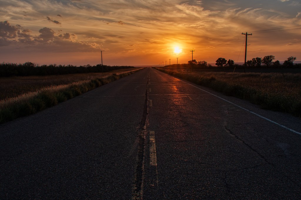 Old Asphalt and Sunset, Highway 555, Bindloss, Alberta, Canada