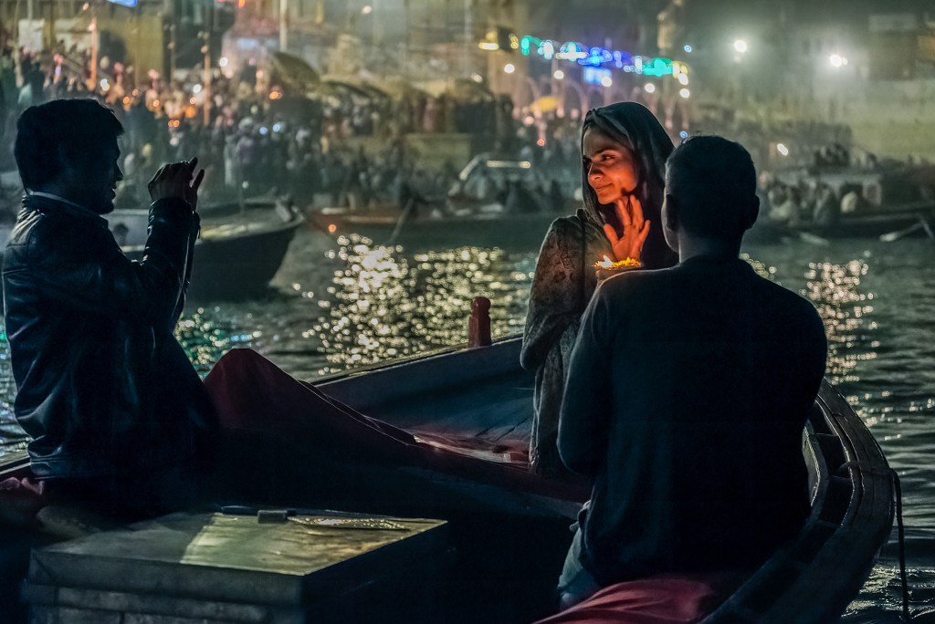 Two Pictures, Evening Aarti, Dashashwamedh Ghat, Ganges River, Varanasi, Uttar Pradesh, India