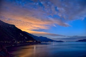 Mountain High to City Lights, Howe Sound, Sea to Sky Highway, near Lions Bay, British Columbia, Canada